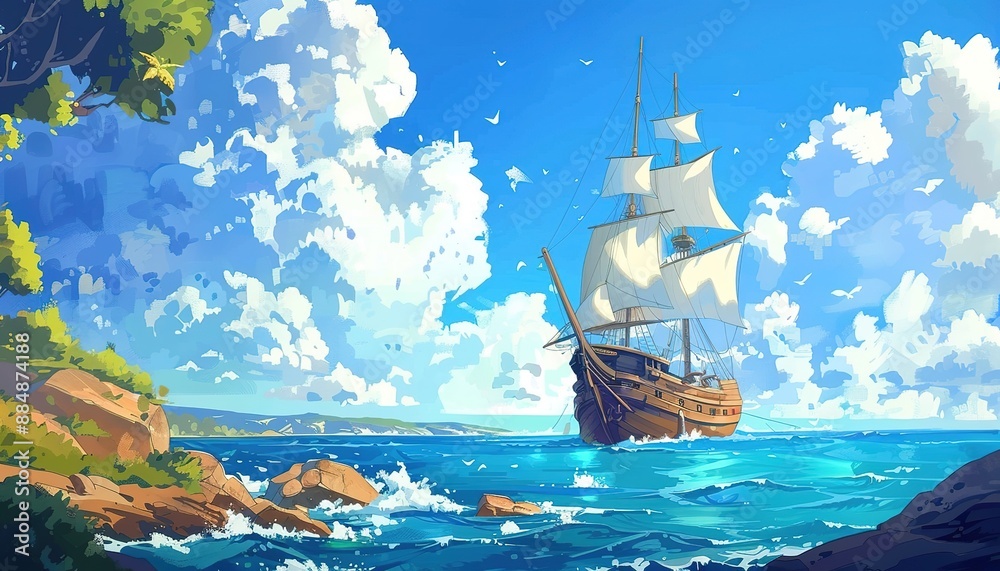 Fototapeta premium pirate ship on ocean anime cartoon style