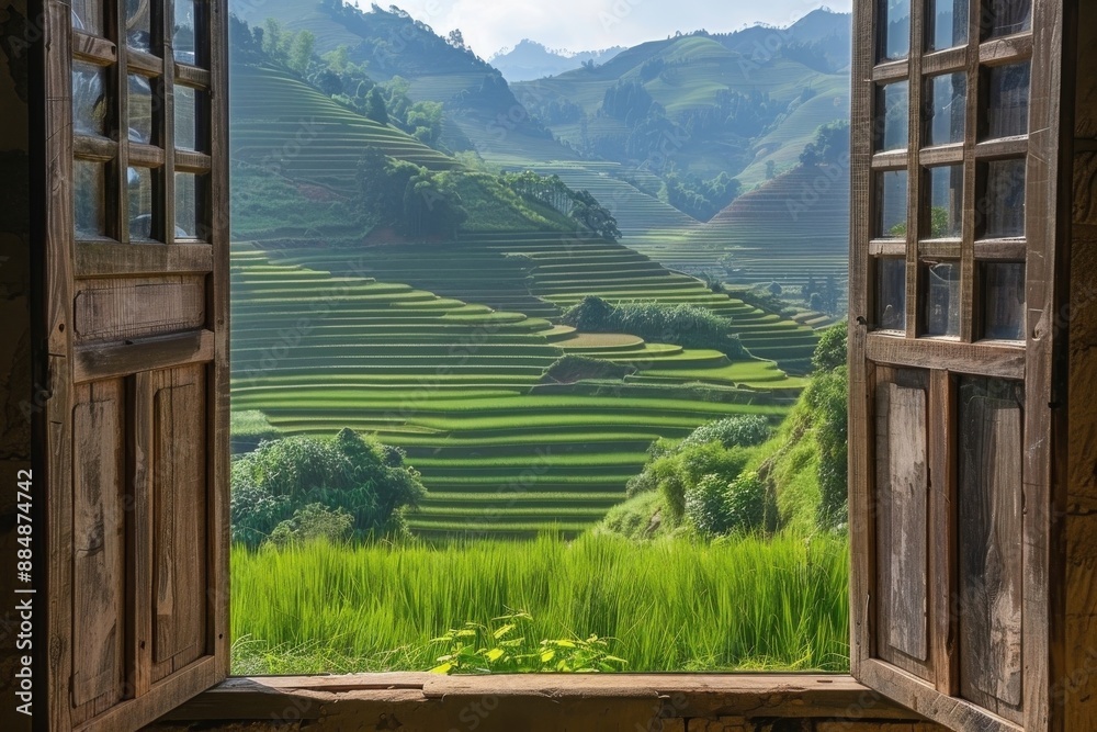 Fototapeta premium Rice Terraces View From a Window in Rural Vietnam