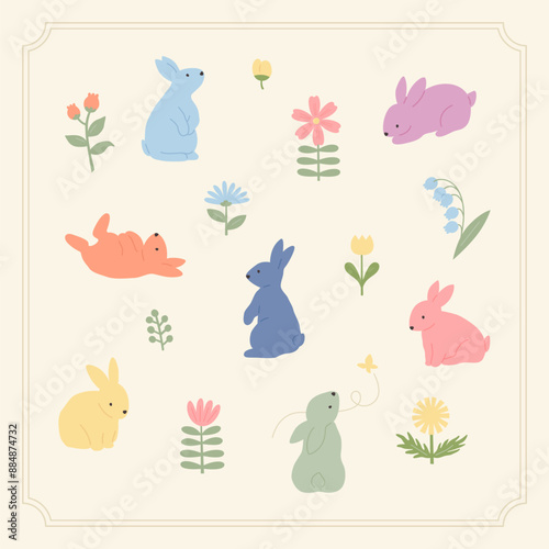 Cute rabbit illustration card with flowers.
귀여운 토끼와 꽃 그림이 그려진 카드