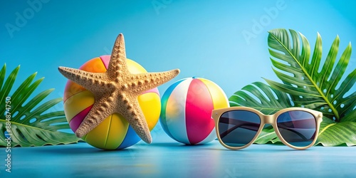 Vibrant summer beach scene with trendy sunglasses, starfish, colorful beach ball, and exotic tropical leaves on a bright blue background, ideal for warm weather celebrations. photo