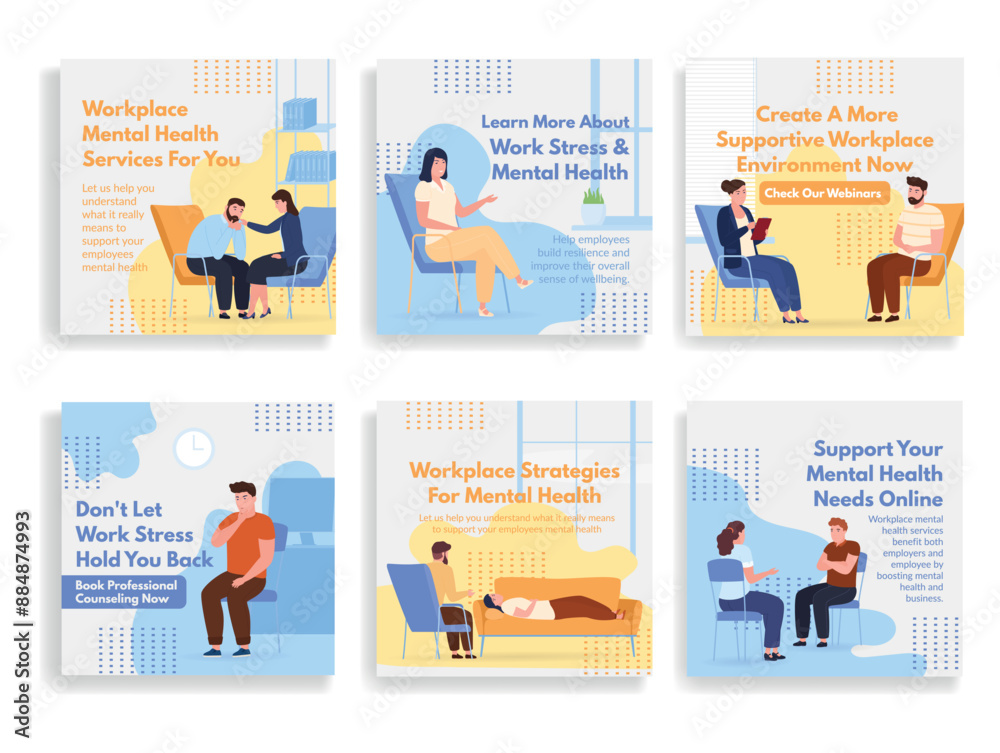 Mental health at work psychologist service social media post design template set isometric vector Mental health at work psychologist service social media post design template set isometric vector