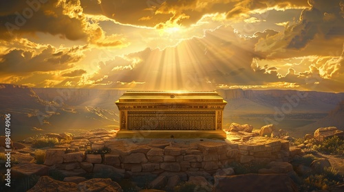 A detailed illustration of the Ark of the Covenant radiating divine presence