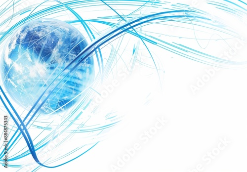 Abstract blue and white background with globe, light lines, illustration digital design, tech elements