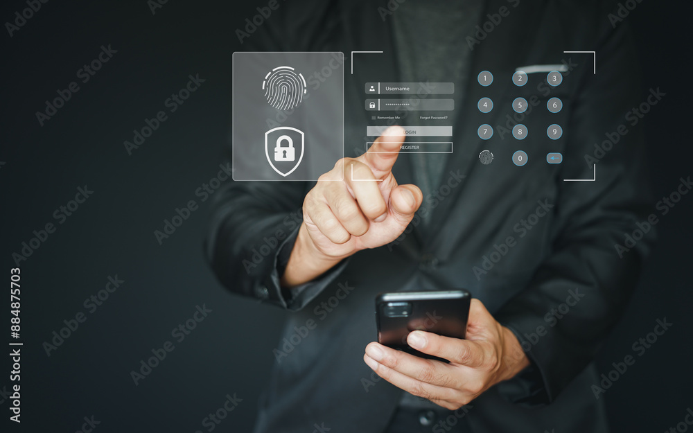 User presses login and password on smartphone virtual screen. Cyber security, information security and encryption, secure access to user's personal information, secure Internet access, cybersecurity. User presses login and password on smartphone virtual screen. Cyber security, information security and encryption, secure access to user's personal information, secure Internet access, cybersecurity.