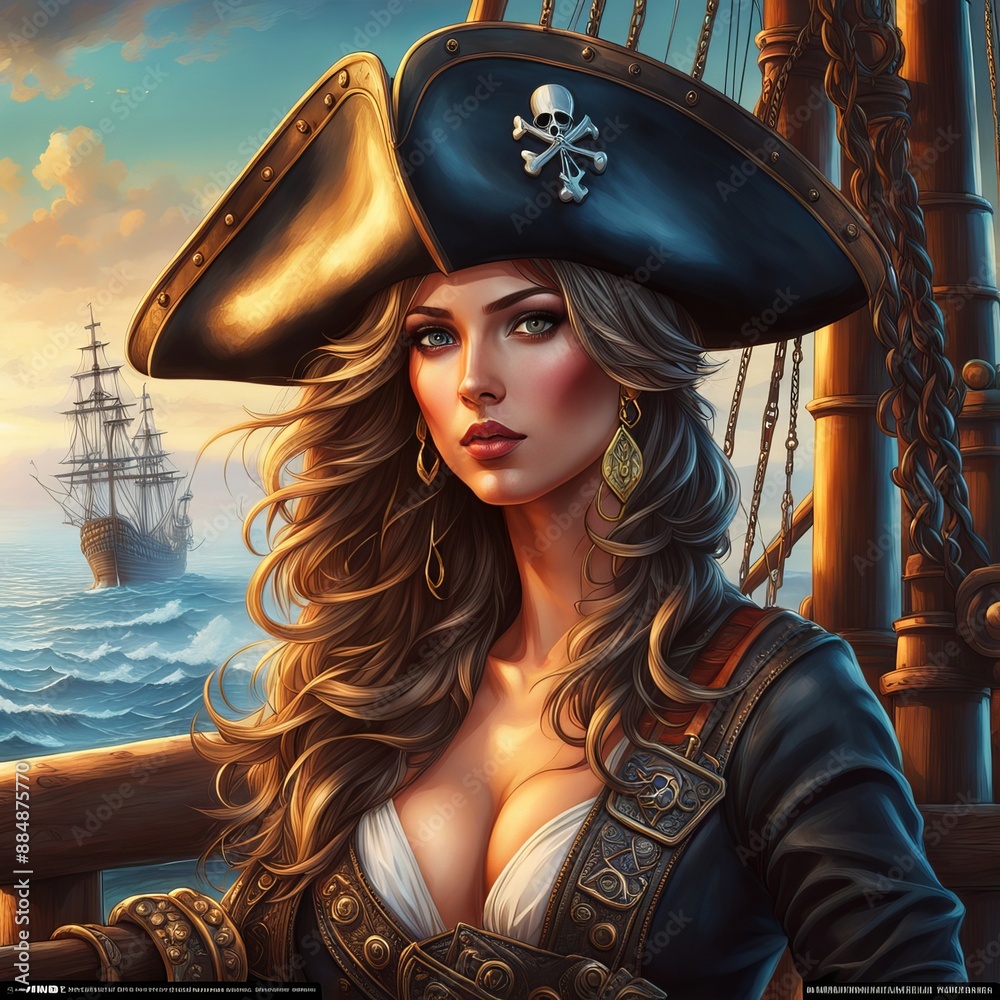 Portrait of a female pirate sailor standing on the deck of her ship armed and ready for battle