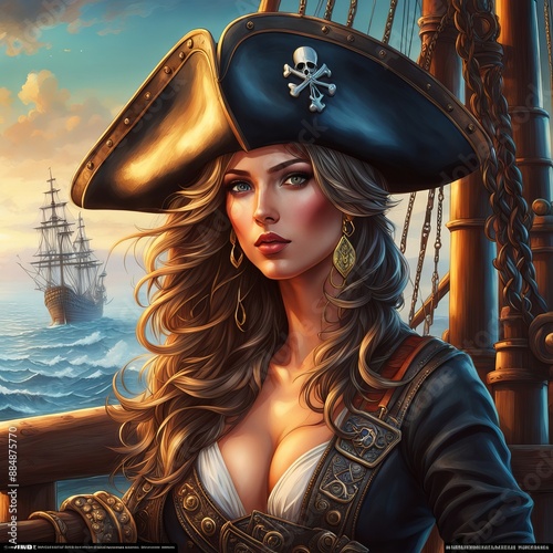 Obraz na płótnie Portrait of a female pirate sailor standing on the deck of her ship armed and ready for battle w salonie
