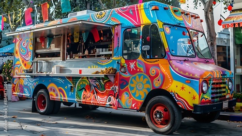 A food truck with a colorful paint job parked among city festival decorations