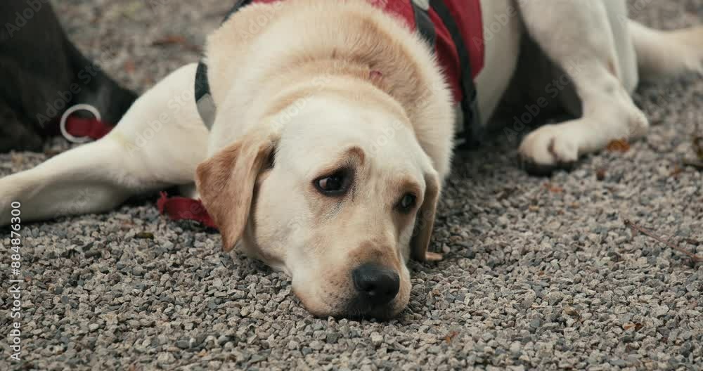 Labrador retriever wearing a red harness lying on a gravel surface. Labrador retriever wearing a red harness lying on a gravel surface.