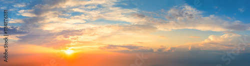 Ave real sky with sun - Pastel colors - Panoramic Sunrise Sundown Sanset Sky with colorful clouds. Without any birds.  Natural Cloudscape.