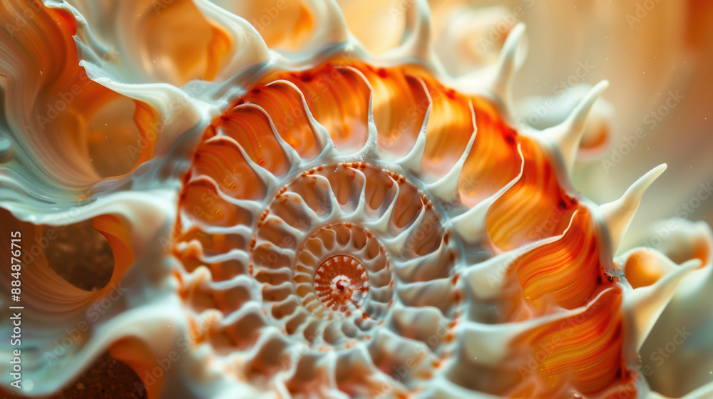 A macro photograph of a spiral shell, intricate orange and white patterns, top-down view A macro photograph of a spiral shell, intricate orange and white patterns, top-down view