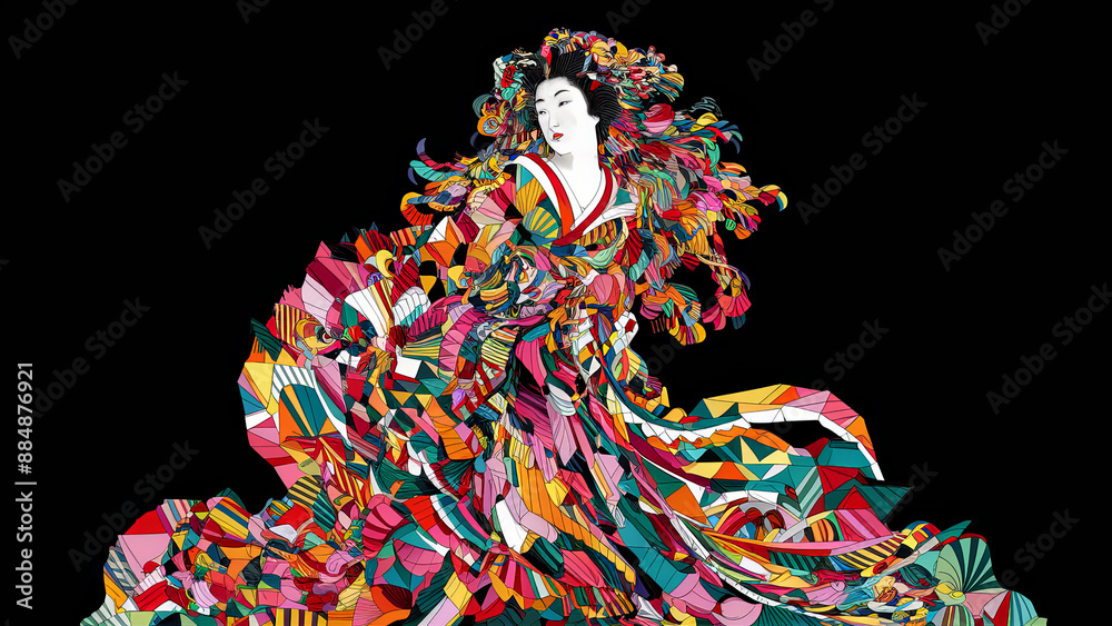 Fototapeta premium Exquisitely Detailed Abstract Illustration of a Woman in a Colorful Flowing Dress on Black Background, Depicting a Blend of Traditional and Modern Art with Geometric Patterns