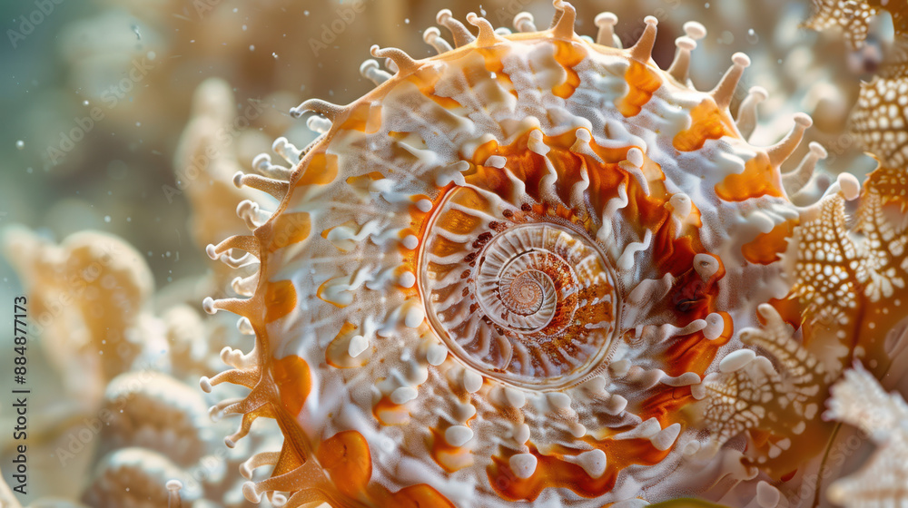 A macro photograph of a spiral shell, intricate orange and white patterns, side view