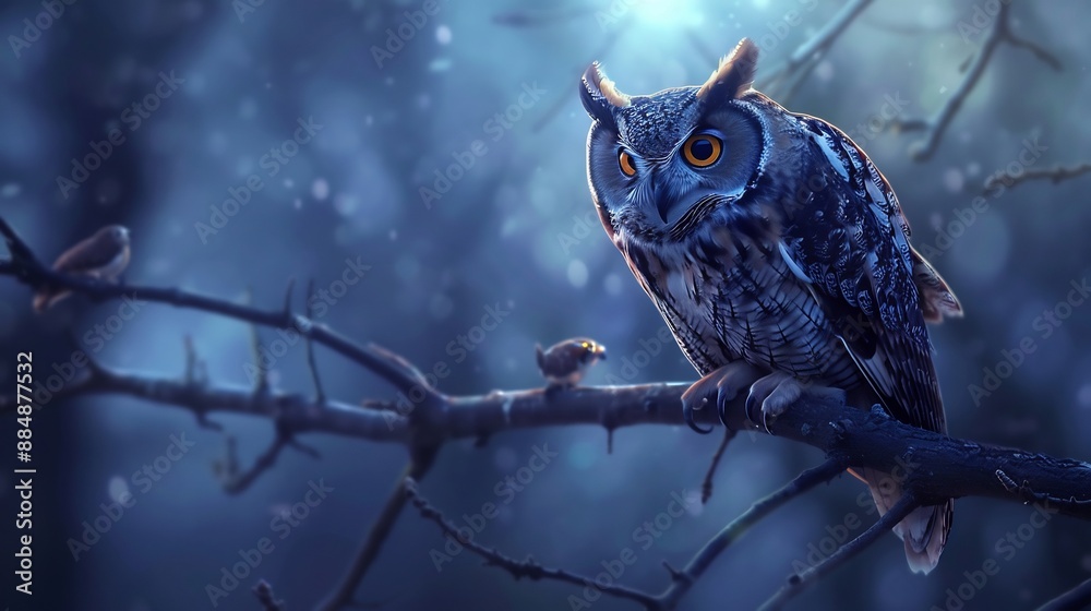 Anthropomorphic night owl perched on a tree branch. Anthropomorphic night owl perched on a tree branch.