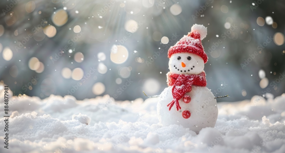 photo of happy snowman on snowy background photo of happy snowman on snowy background