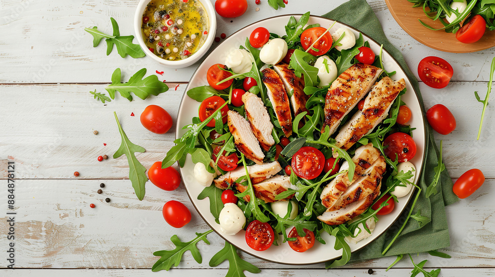 Salad with chicken, mozzarella and cherry tomatoes on light wooden table. Top view