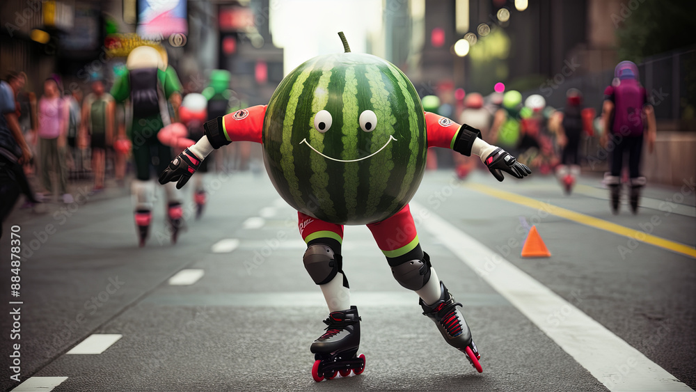 Obraz premium Whimsical illustration of a watermelon character rollerblading in a busy city street, wearing protective gear and a red suit, with a lively urban background featuring other skaters and vibrant lights