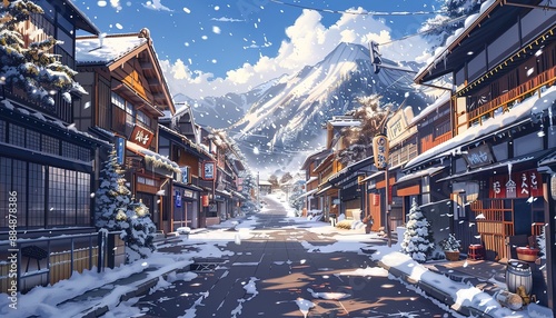 winter in traditional japan town anime cartoon, cartoon anime style