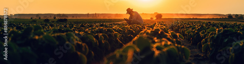 Bild auf Leinwand Farm worker using smartphone in cultivated soybean field in summer sunset
