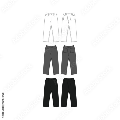  Denim Jeans Technical Fashion Illustration Vector  Denim Jeans Mockup Template Front and Back Jeans Flat Sketch Technical Drawing Vector Illustration Unisex Blank  Denim Jeans CAD Mock-up
