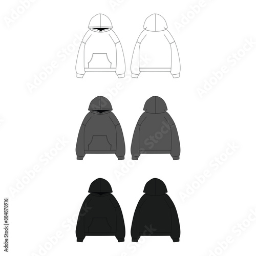 Black Long Sleeve Hoodie Mockup Template Streetwear Long Sleeve Hoodie Vector Flat Technical Illustration Long Sleeve Hoodie Fashion Design Template Vector CAD Long Sleeve Hoodie Mock-up