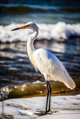 Bird white egret on beach near sea landscape background. © irenastar