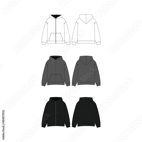 Zipper Sweatshirt Apparel Mock-up Template Vector Clothing Zipper Sweatshirt CAD Design Blank Zipper Sweatshirt Technical Drawing Vector Fashion Illustration Zipper Sweatshirt Flat Vector Mockup