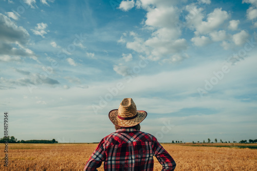 Rear view of female farmer wearing straw hat standing in ripe wheat field and looking at the horizon over the harvest ready crops on a sunny summer day