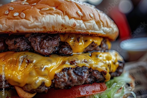 Mouthwatering Double Cheeseburger with Lettuce and Tomato photo