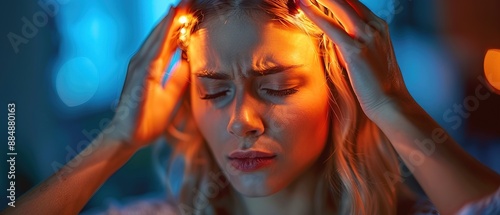 woman with migraine or headache holding her head due to pain  photo