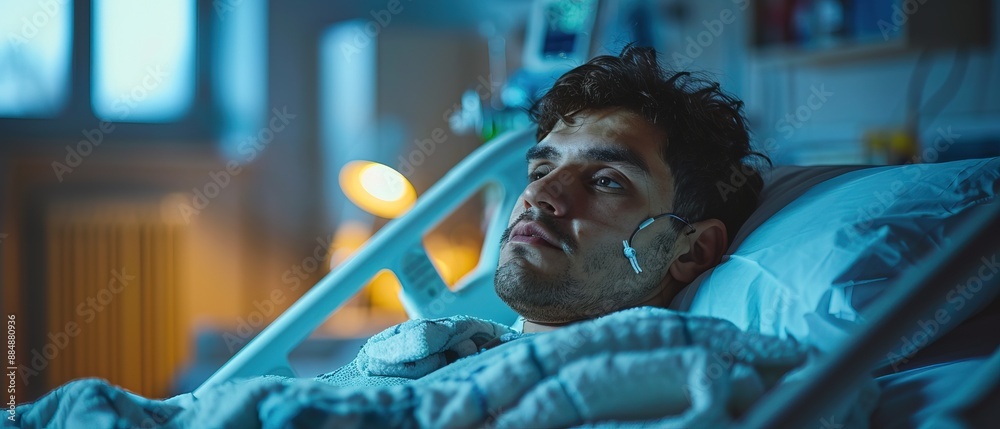 Very sick man lying on the bed in the hospital alone and had stress Very sick man lying on the bed in the hospital alone and had stress
