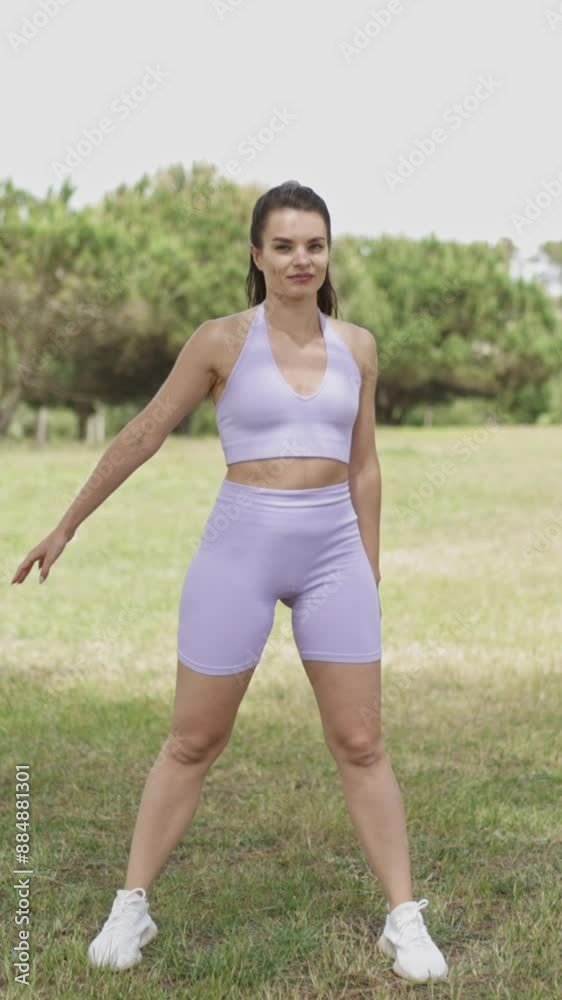 A woman in a purple top and shorts is dancing in a grassy field A woman in a purple top and shorts is dancing in a grassy field