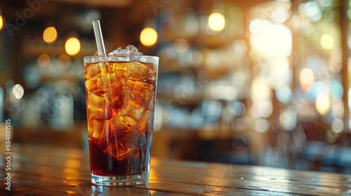 Ice americano coffee in a tall glass with ice cubes, Americano coffee or iced coffee without milk in a tall glass with straw on the table.