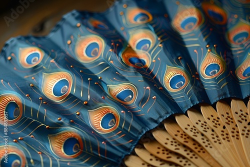 Close-up of blue and orange fan with peacock feathers. photo