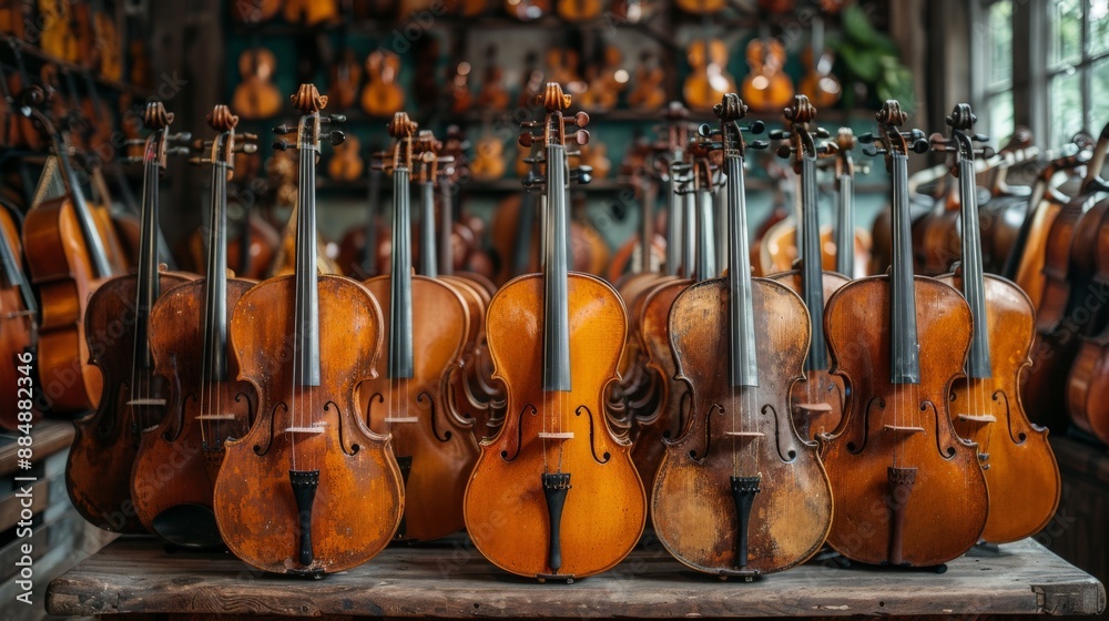 Naklejka premium Image of musical instruments being displayed for sale.