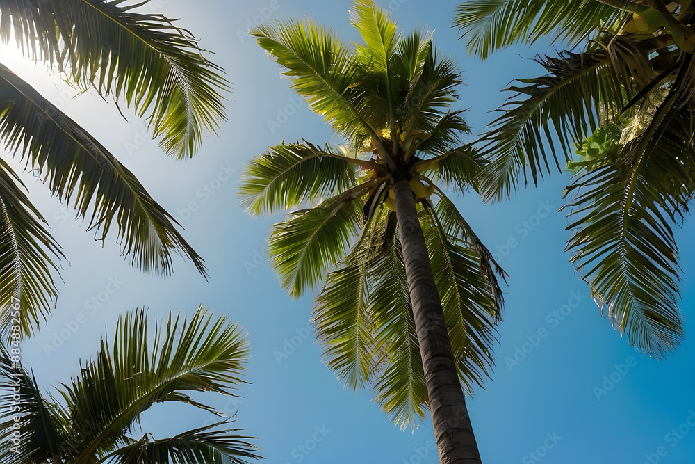 Low angle view of the blue sky through coconut trees Low angle view of the blue sky through coconut trees