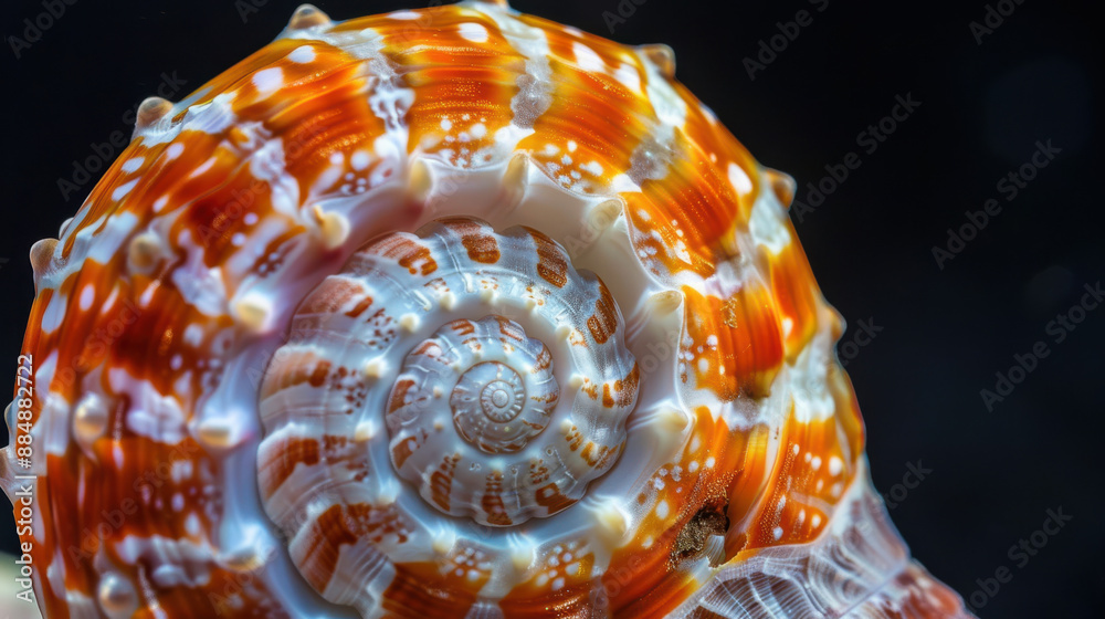A macro photograph of a spiral shell, intricate orange and white patterns, extreme close-up view