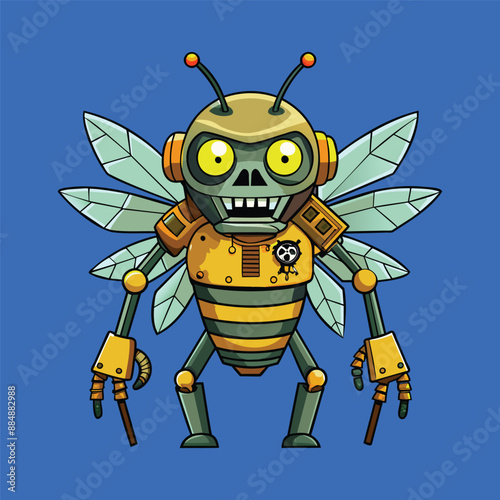 cartoon illustration of mecha robotic bee, zombie bee, flat vector illustration