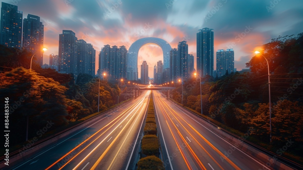 Fototapeta premium High way with a wide futuristic road going through a tunnel.