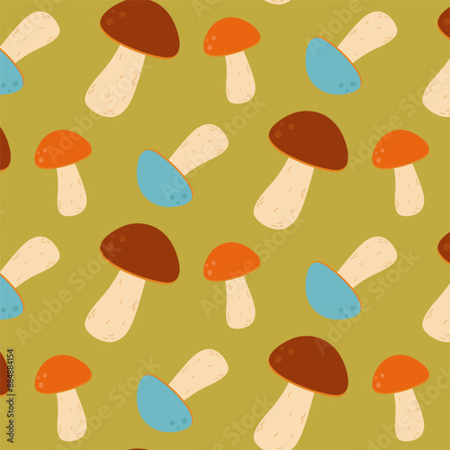 Seamless pattern of autumn mushrooms on a green background. Autumn background, vector illustration.