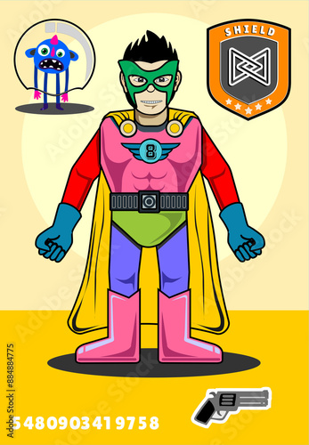 Super Hero Card with multiple aksesories  colorful uniform weapon, partner mosnter, shield, mask, and diferent cahracter face and head type. photo