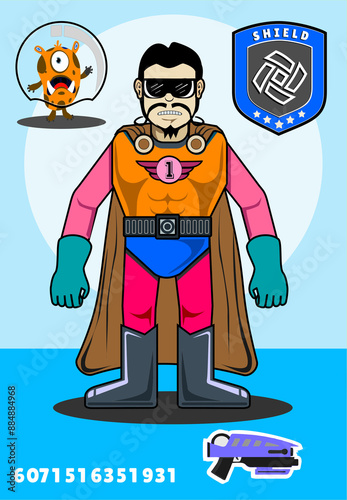 Super Hero Card with multiple aksesories  colorful uniform weapon, partner mosnter, shield, mask, and diferent cahracter face and head type. photo