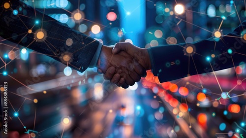 Diversity in business: two executives shaking hands against a backdrop of blurred city lights and digital connectivity effects