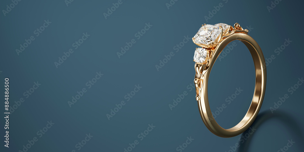 Gold Diamond Ring Isolated On Blue Background 3D Rendering	
