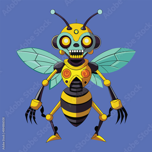 cartoon illustration of mecha robotic bee, zombie bee, flat vector illustration