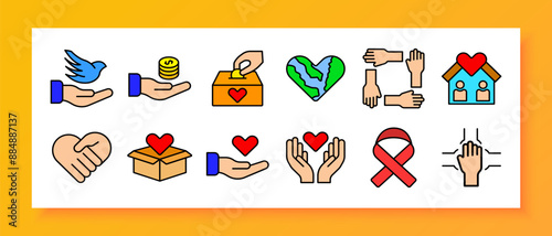 Charity and donation set icon. Dove, hand with coin, donation box, heart, hands, house, handshake, box with heart, hand with heart, ribbon, prayer.