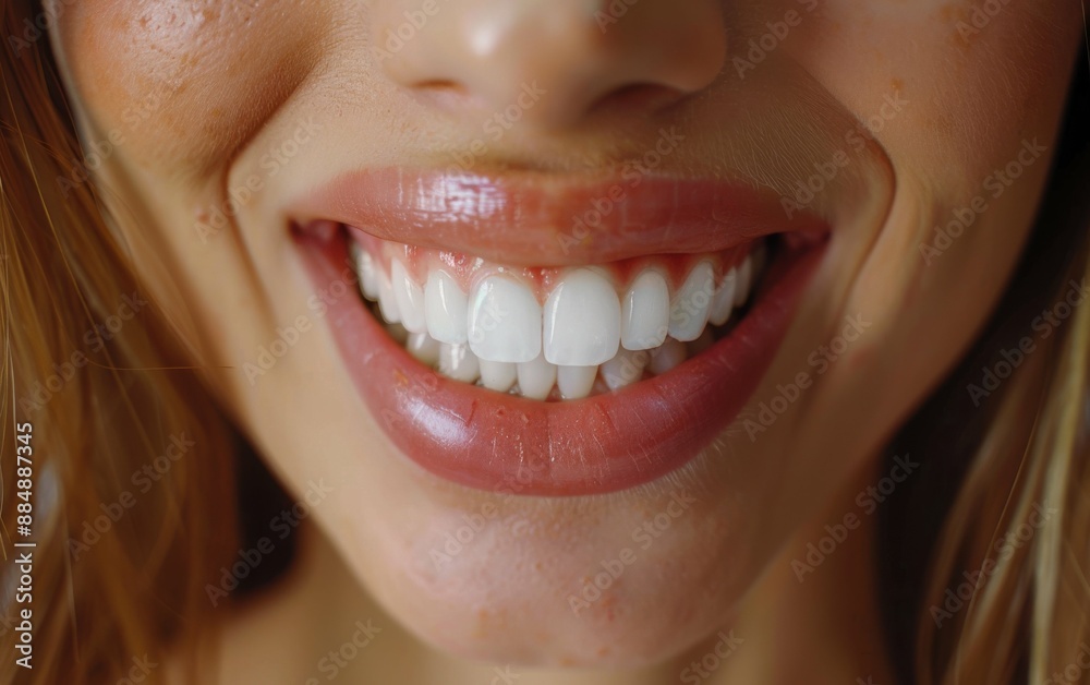 Fototapeta premium A woman with a big smile on her face, showing off her teeth. Concept of happiness and confidence