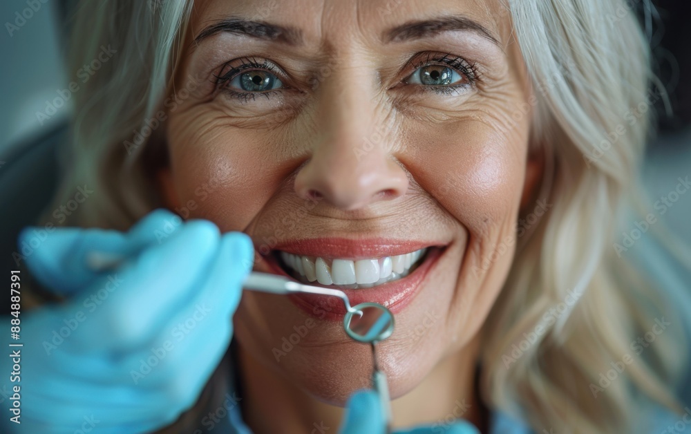 A woman is smiling while a dentist is cleaning her teeth. The woman is wearing blue gloves and the dentist is holding a dental tool