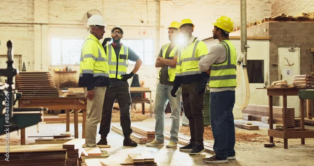 Construction team, briefing and safety inspection on site for compliance, maintenance and ppe by manager. People, meeting and project update in building for progress, carpentry and communication