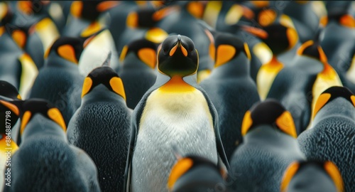 A group of penguins are standing in a line, with one of them looking at the camera photo