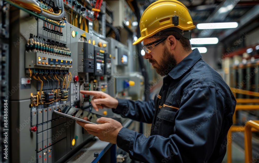 A man in a yellow helmet is working on a power grid. He is holding a clipboard and he is focused on his task A man in a yellow helmet is working on a power grid. He is holding a clipboard and he is focused on his task